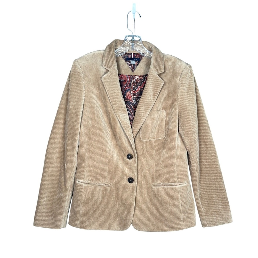 Tommy Hilfiger Womens Corduroy Blazer Size 10 Tan Elbow Patch Preppy Academia - Picture 2 of 9